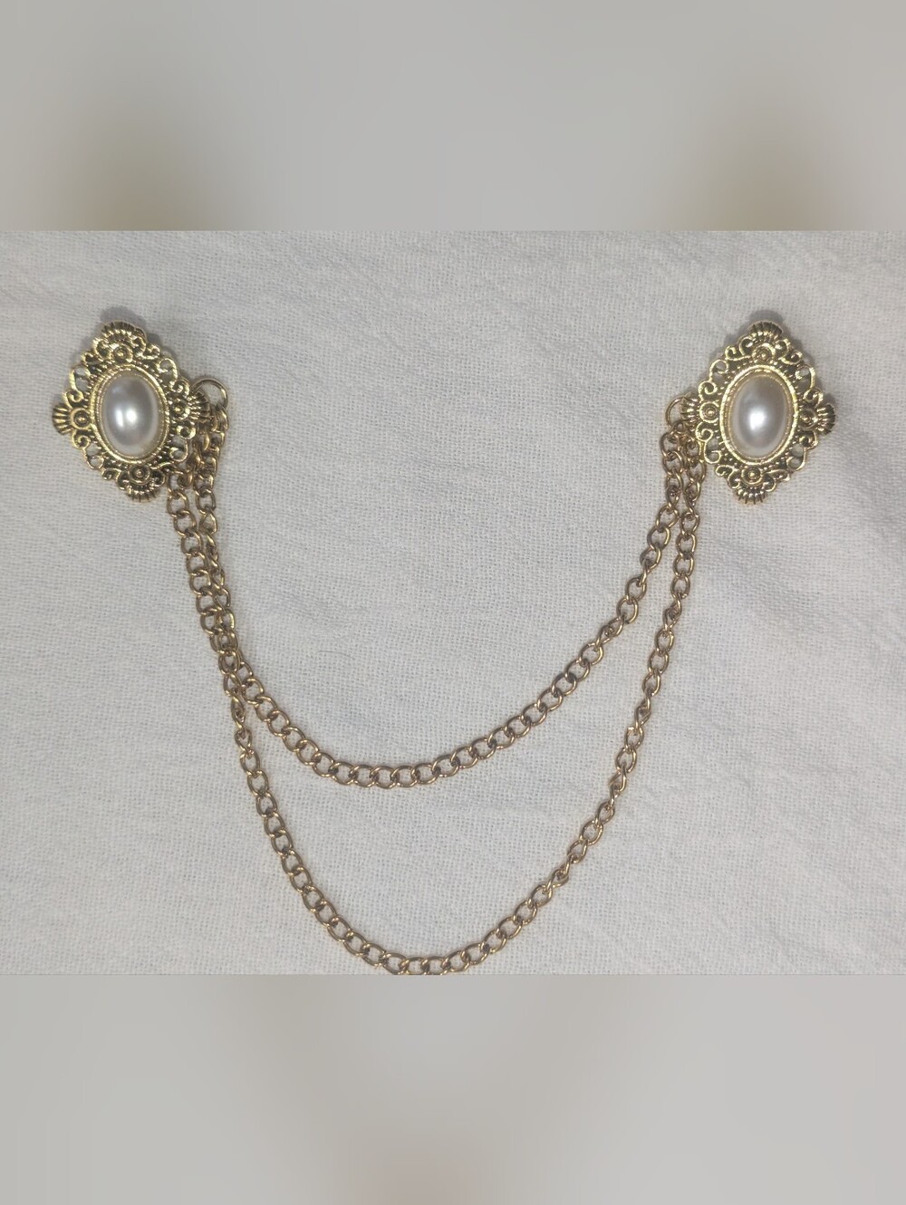 Tallit Clips--Gold Tone Pearl Double Chain